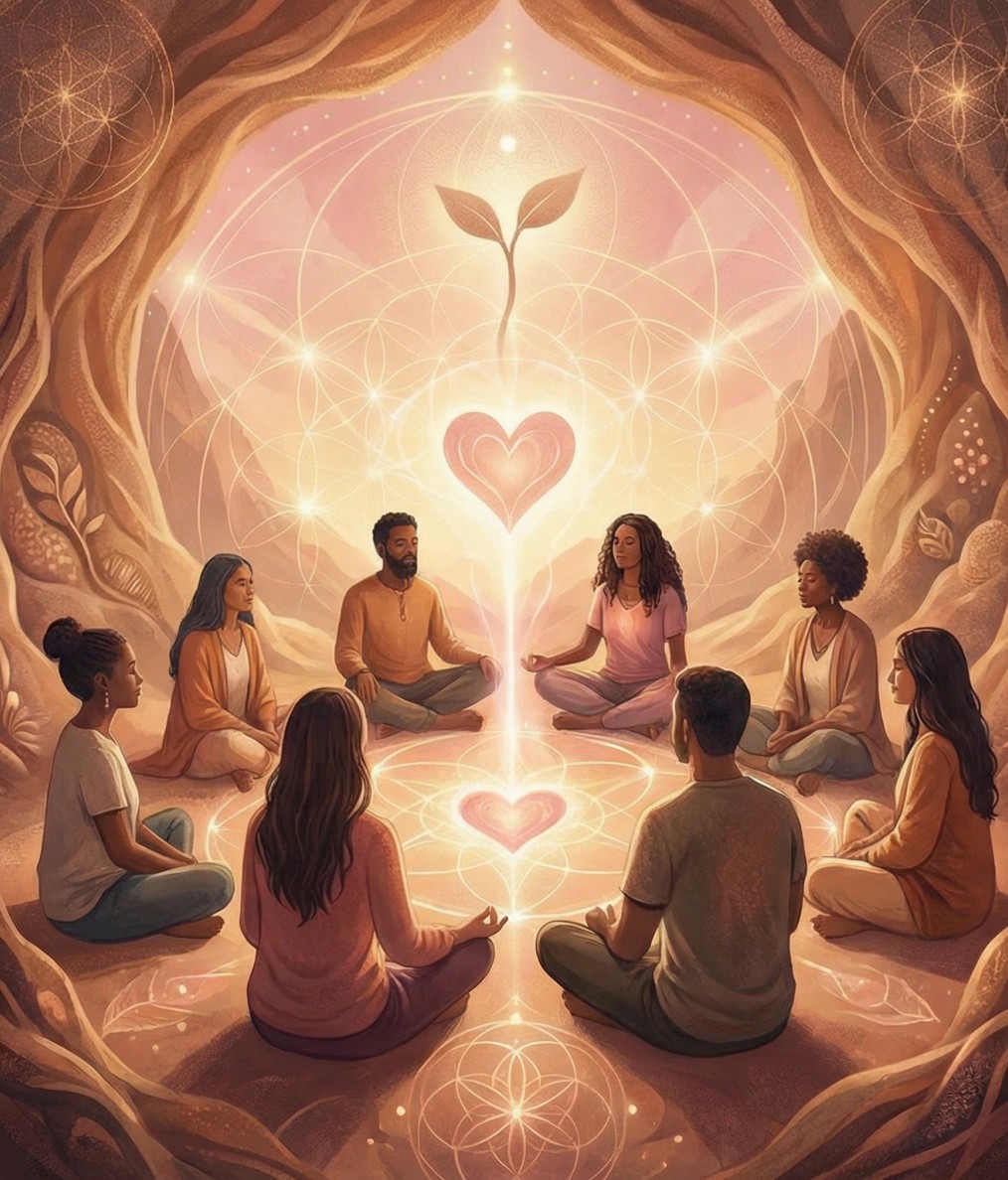A diverse group seated in a luminous circle