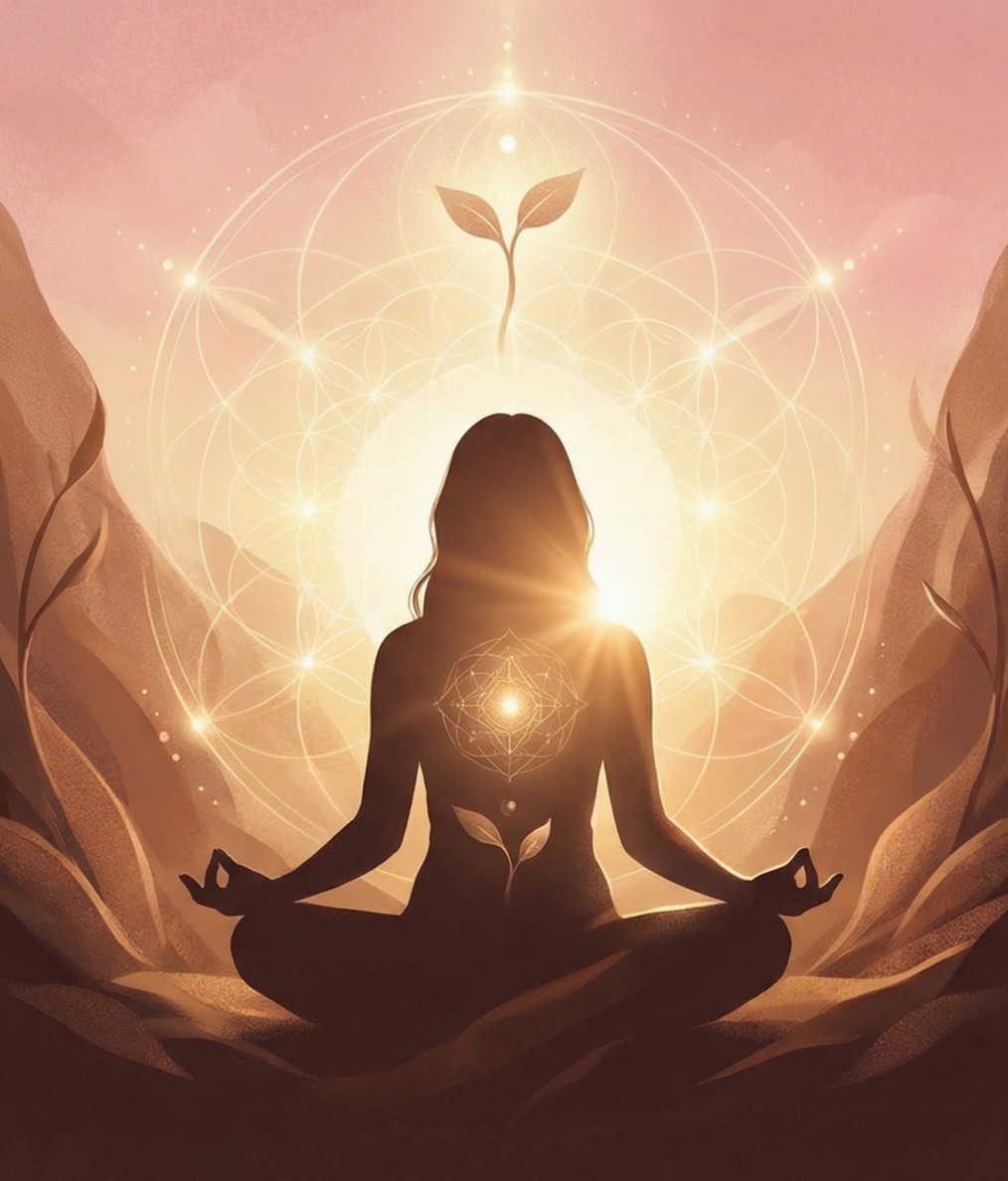 Meditating figure surrounded by a luminous organic pattern